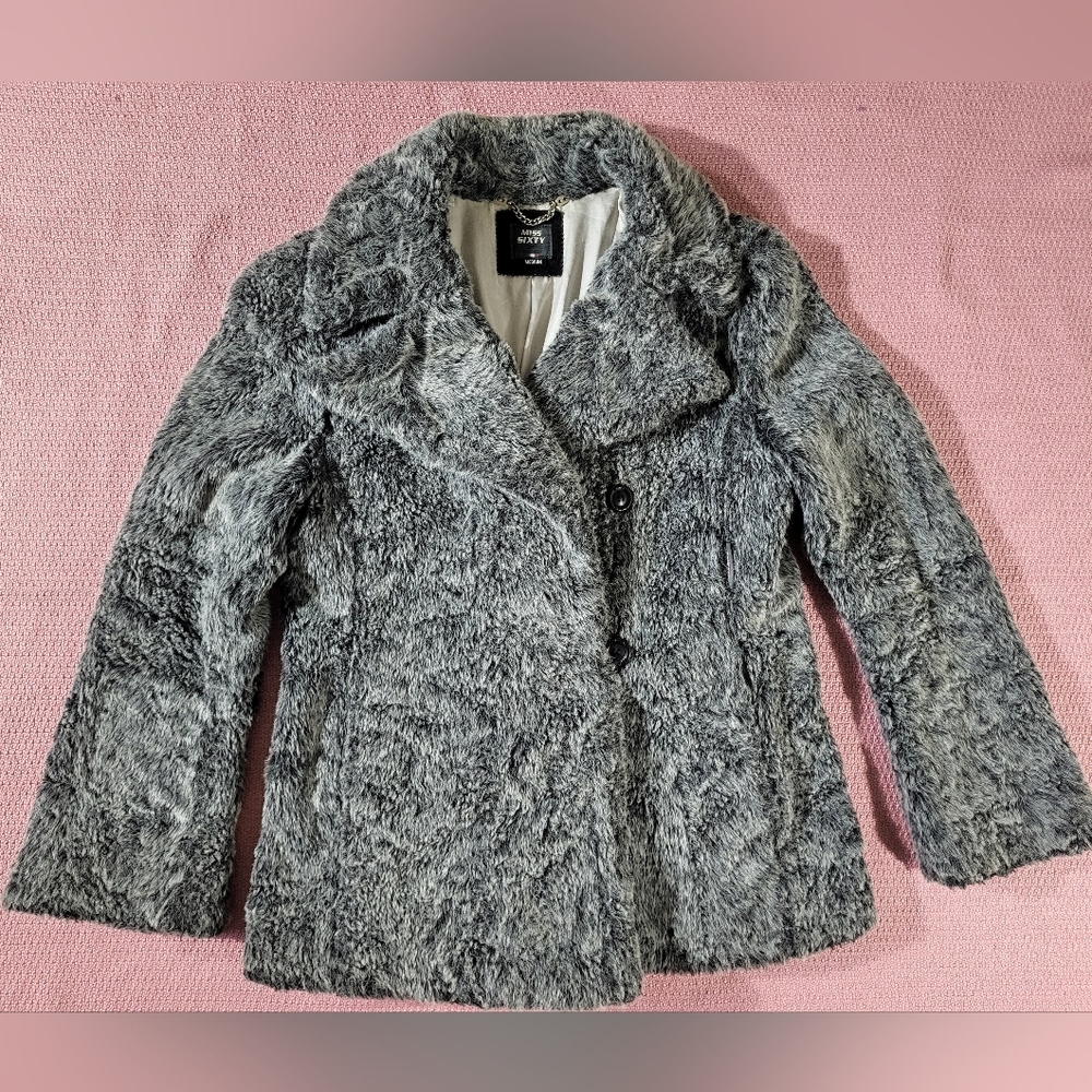 MISS SIXTY Made in Italy Fitted Faux Fur Coat Mid-Length Jacket Snap Gray Size M